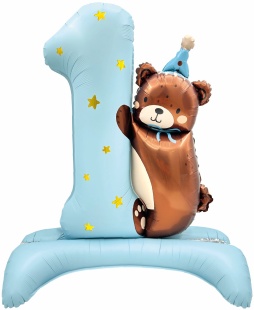 Шар (35''/89 см) Цифра на подставке, 1 Годик, Мишка в колпачке, Голубой, Сатин, 1 шт. в уп.